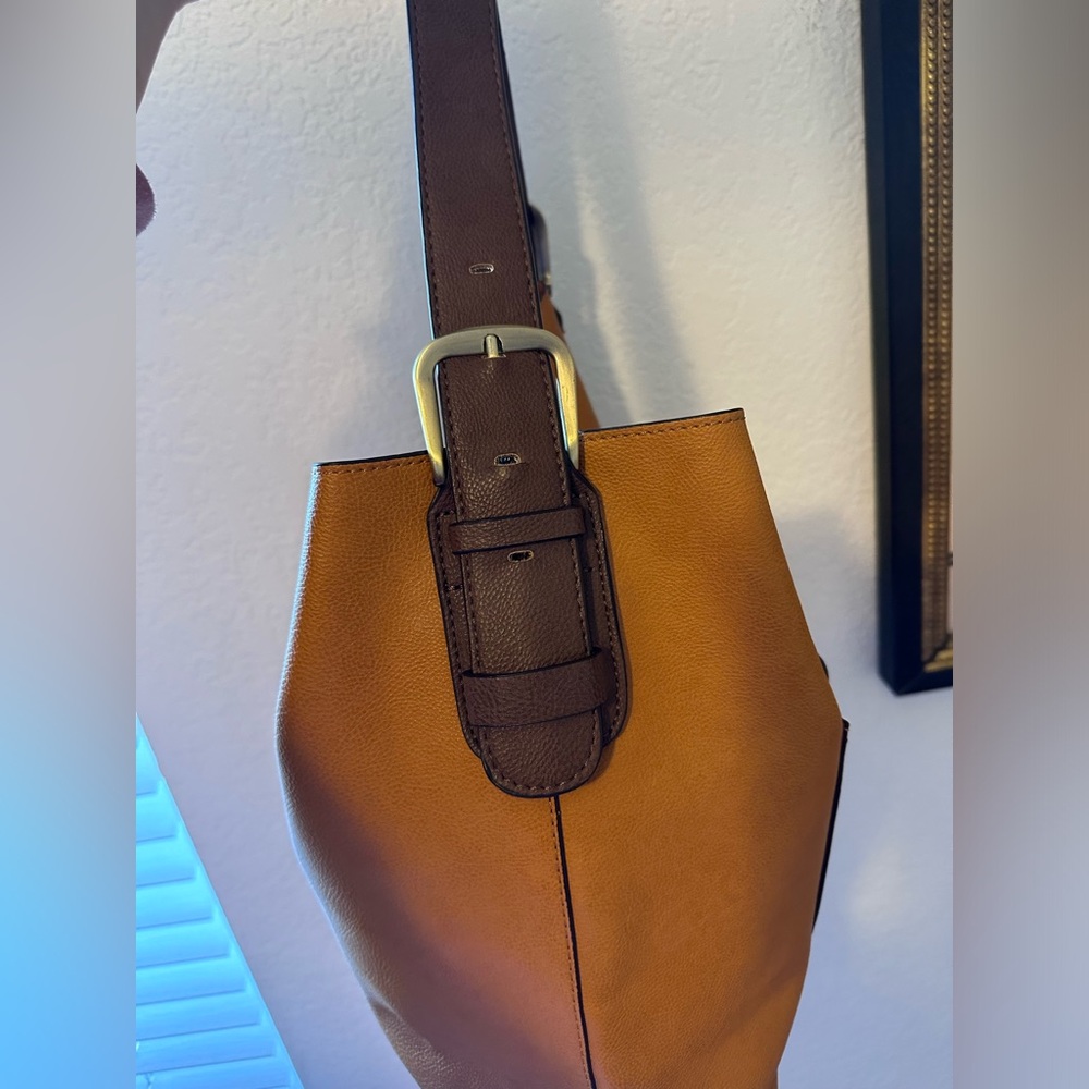 Camel and dark brown real leather hobo bag